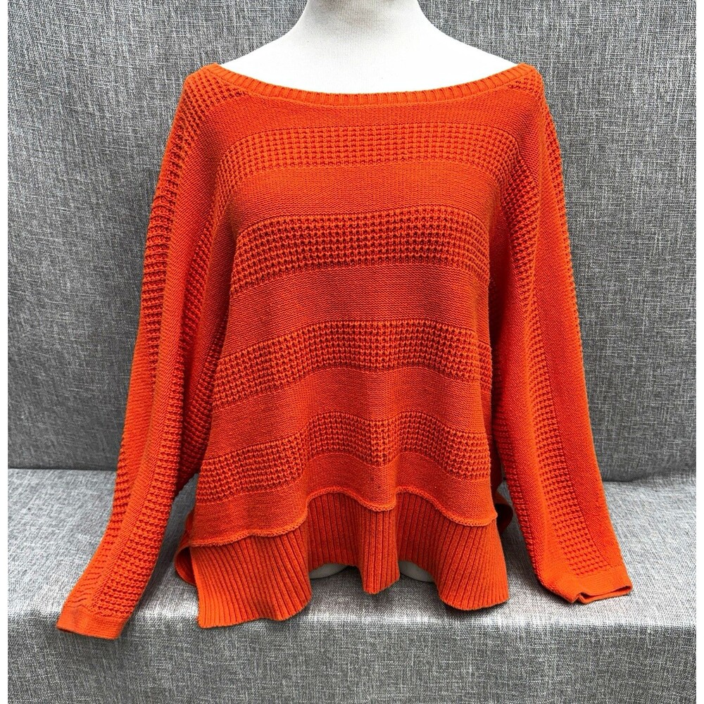 Liz Claiborne Orange Textured Knit Sweater XL Boat Neck Layered Hem Pullover
